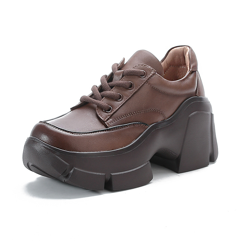 Ženske cipele s visokim petama, vezanje, od prave kože, okrugla špička, vintage stil, debeli potplat s platformom