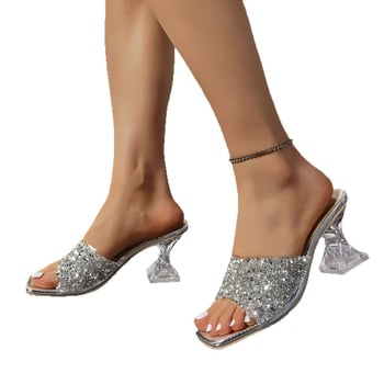 Дамски сандали с открит пръст и квадратен нос, кристали, сребристо-черни, високи дебели токчета