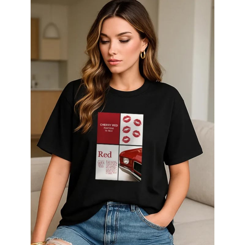 Ins-inspired 100% памук T-shirt с къс ръкав, геометричен принт, свободна кройка, летен ежедневен топ