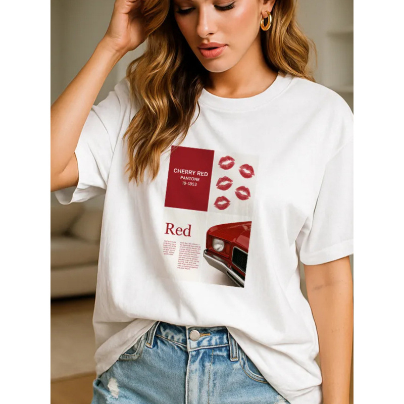 Ins-inspired 100% памук T-shirt с къс ръкав, геометричен принт, свободна кройка, летен ежедневен топ