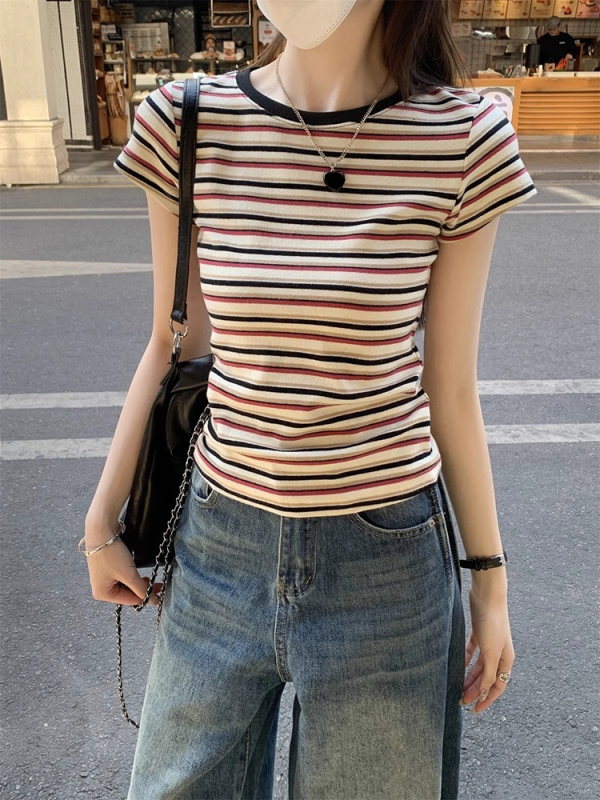 2025 ljeto vintage T-shirt s kontrastnim prugama, kratki rukav, ženski slim fit