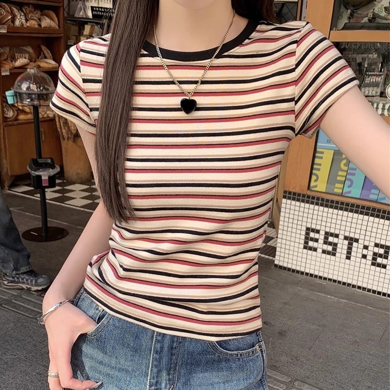 2025 ljeto vintage T-shirt s kontrastnim prugama, kratki rukav, ženski slim fit