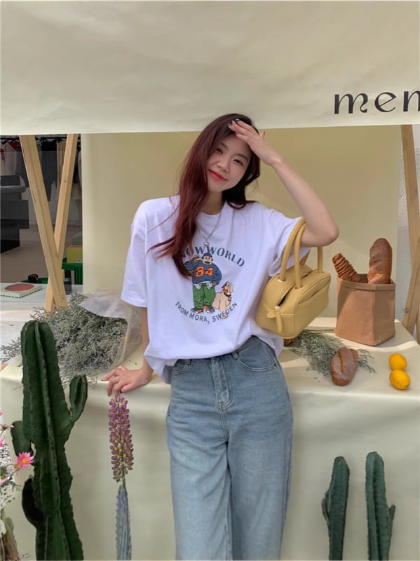 Ženski T-shirt s kratkim rukavima u Hong Kong stilu retro chic, đumbir-žuta, labav kroj, korejski stil