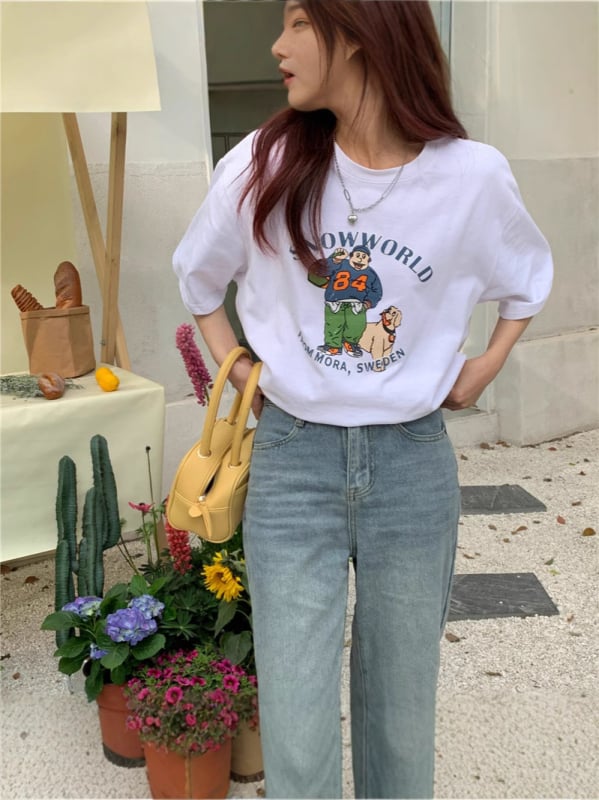 Ženski T-shirt s kratkim rukavima u Hong Kong stilu retro chic, đumbir-žuta, labav kroj, korejski stil