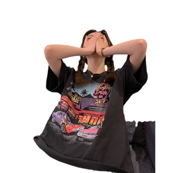 Ženski široki ljetni T-shirt s korejskim retro printom, kratkim rukavima, 2025 proljeće-ljeto, plus veličina