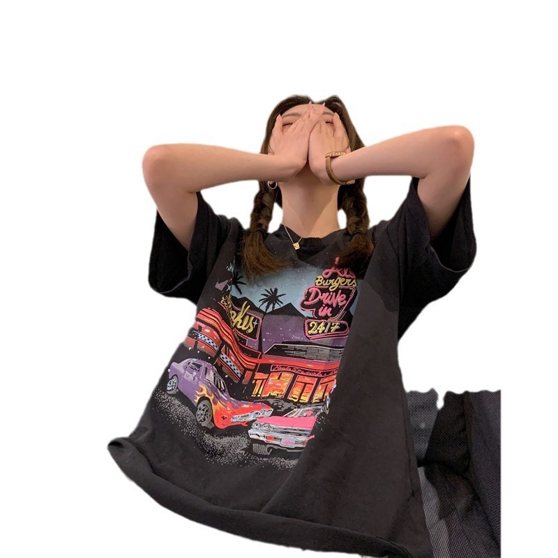 Ženski široki ljetni T-shirt s korejskim retro printom, kratkim rukavima, 2025 proljeće-ljeto, plus veličina