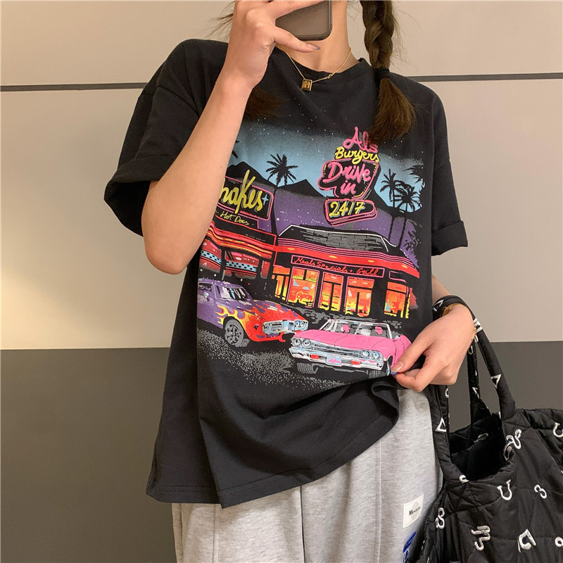 Ženski široki ljetni T-shirt s korejskim retro printom, kratkim rukavima, 2025 proljeće-ljeto, plus veličina