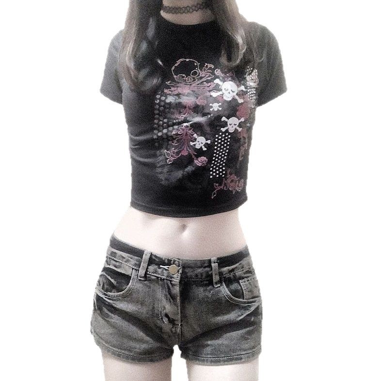 Ženski T-shirt s okruglim izrezom i natpisom s slovima, uski kroj, kratka duljina, ulični stil, ljeto 2025