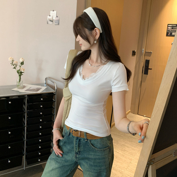 Ženski kratki rukav, V-izrez i čipkasti paneli, korejskog stila, uski kroj, ljeto 2025