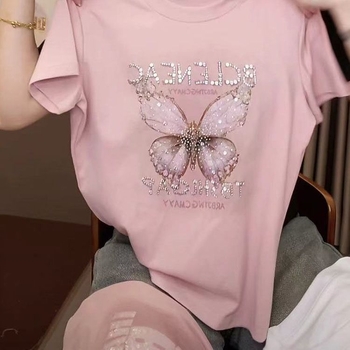 Ženski T-shirt s kratkim rukavima, veličina plus, dizajn leptira s rhinestones, ljetni stil, slobodan kroj, laskav silueta, moderan top