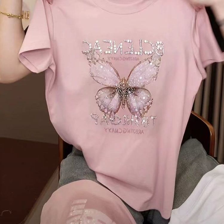 Ženski T-shirt s kratkim rukavima, veličina plus, dizajn leptira s rhinestones, ljetni stil, slobodan kroj, laskav silueta, moderan top