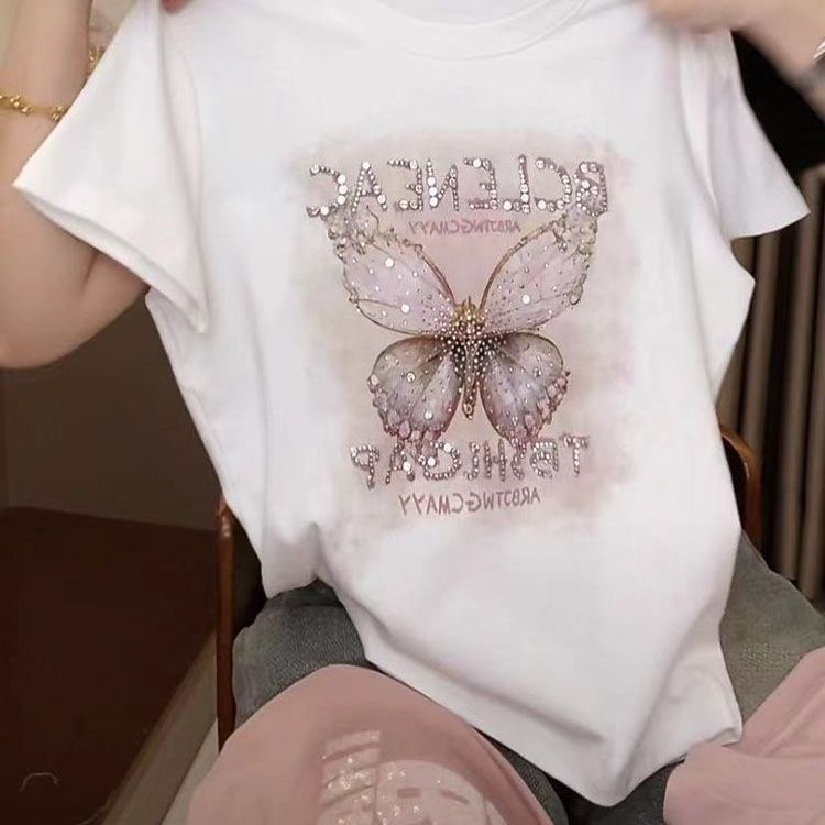 Ženski T-shirt s kratkim rukavima, veličina plus, dizajn leptira s rhinestones, ljetni stil, slobodan kroj, laskav silueta, moderan top