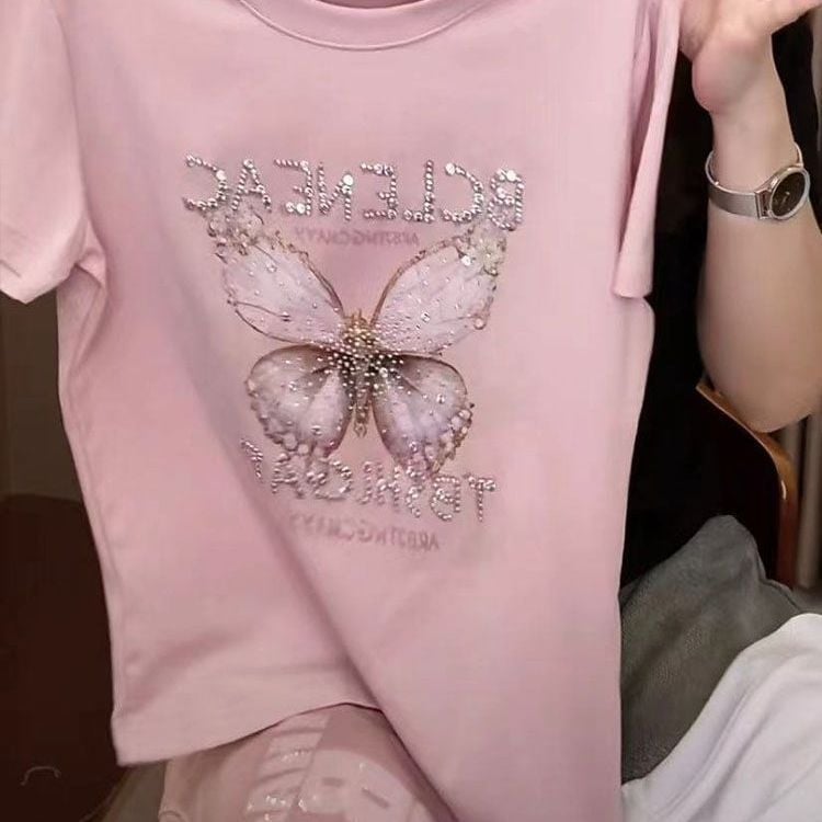 Ženski T-shirt s kratkim rukavima, veličina plus, dizajn leptira s rhinestones, ljetni stil, slobodan kroj, laskav silueta, moderan top