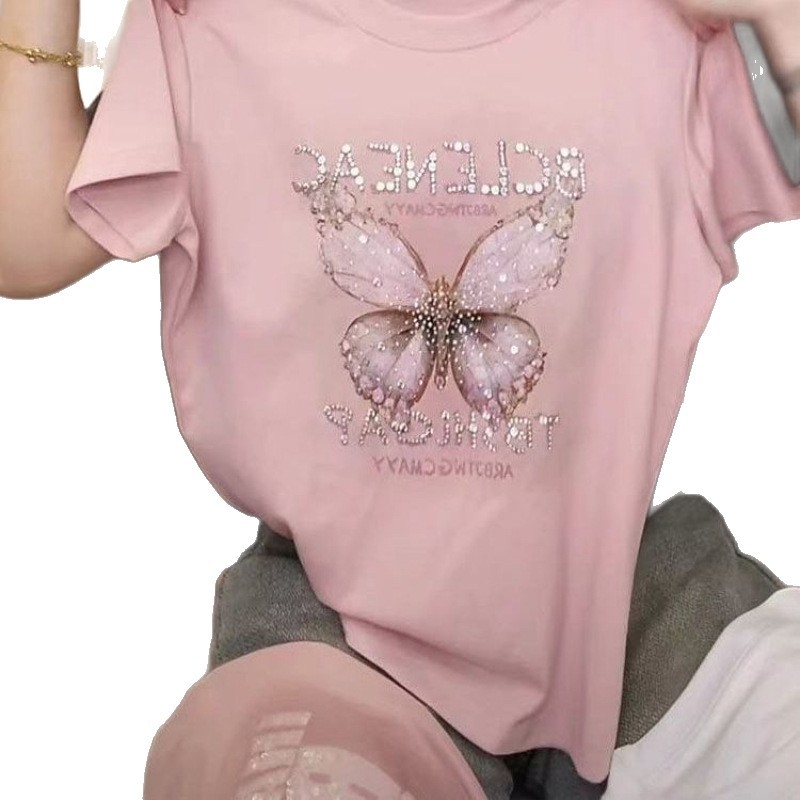 Ženski T-shirt s kratkim rukavima, veličina plus, dizajn leptira s rhinestones, ljetni stil, slobodan kroj, laskav silueta, moderan top