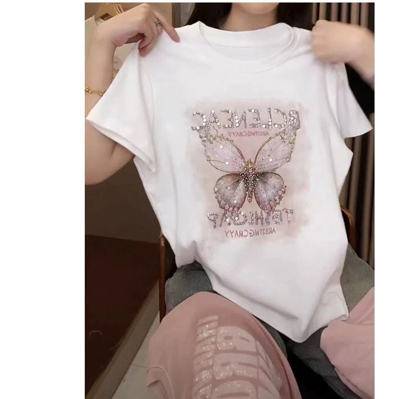 Ženski T-shirt s kratkim rukavima, veličina plus, dizajn leptira s rhinestones, ljetni stil, slobodan kroj, laskav silueta, moderan top