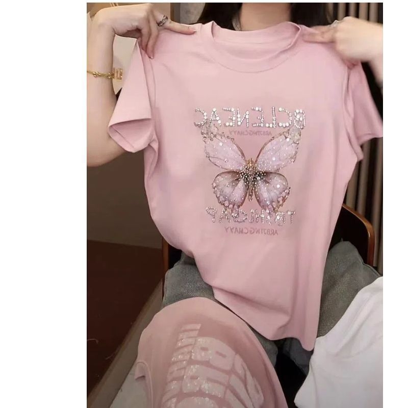 Ženski T-shirt s kratkim rukavima, veličina plus, dizajn leptira s rhinestones, ljetni stil, slobodan kroj, laskav silueta, moderan top