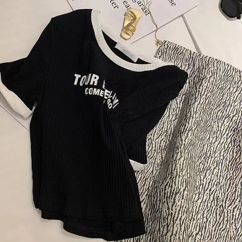 Ženski T-shirt s kratkim rukavima, regularna ramena, ljetni Hongkong stil, crop top visokog struka, za look najboljih prijateljica