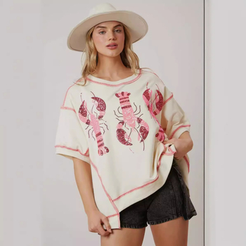 Poliesterski T-shirt s omarskim motivom i šljokicama, kratkih rukava, slobodan kroj, okrugli izrez, ljeto 2024, japansko-korejski ležerni stil