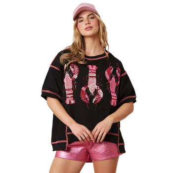 Poliesterski T-shirt s omarskim motivom i šljokicama, kratkih rukava, slobodan kroj, okrugli izrez, ljeto 2024, japansko-korejski ležerni stil