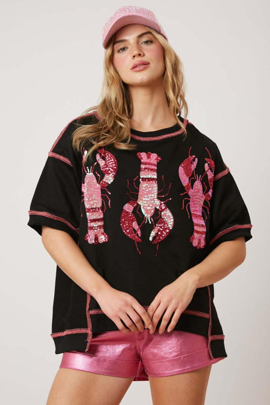 Poliesterski T-shirt s omarskim motivom i šljokicama, kratkih rukava, slobodan kroj, okrugli izrez, ljeto 2024, japansko-korejski ležerni stil