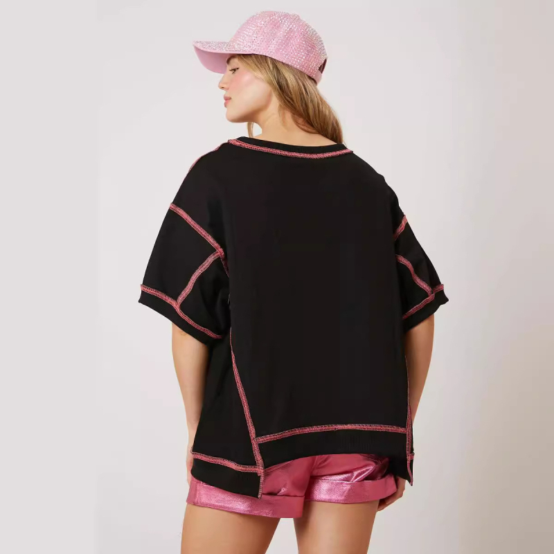 Poliesterski T-shirt s omarskim motivom i šljokicama, kratkih rukava, slobodan kroj, okrugli izrez, ljeto 2024, japansko-korejski ležerni stil