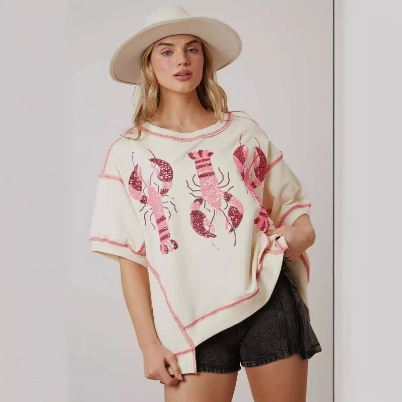 Poliesterski T-shirt s omarskim motivom i šljokicama, kratkih rukava, slobodan kroj, okrugli izrez, ljeto 2024, japansko-korejski ležerni stil