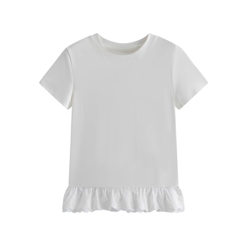 Ženski T‑shirt kratkih rukava s panelnim šavom i rubom s čipkom, od mliječne svile, okrugli izrez, slim fit, ljeto 2025