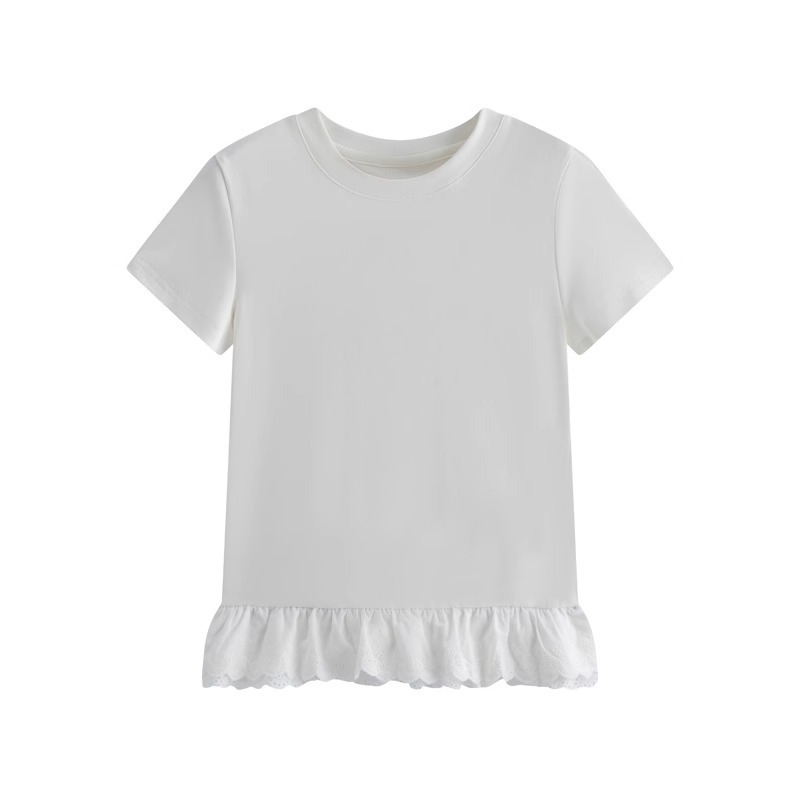 Ženski T‑shirt kratkih rukava s panelnim šavom i rubom s čipkom, od mliječne svile, okrugli izrez, slim fit, ljeto 2025