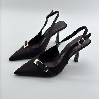 Френски стил дамски обувки без гръб с заострен нос, тънки токчета 6-8 cm, закопчаване с катарама