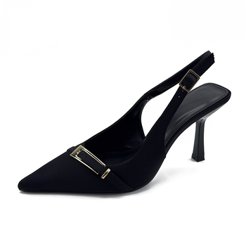 Френски стил дамски обувки без гръб с заострен нос, тънки токчета 6-8 cm, закопчаване с катарама