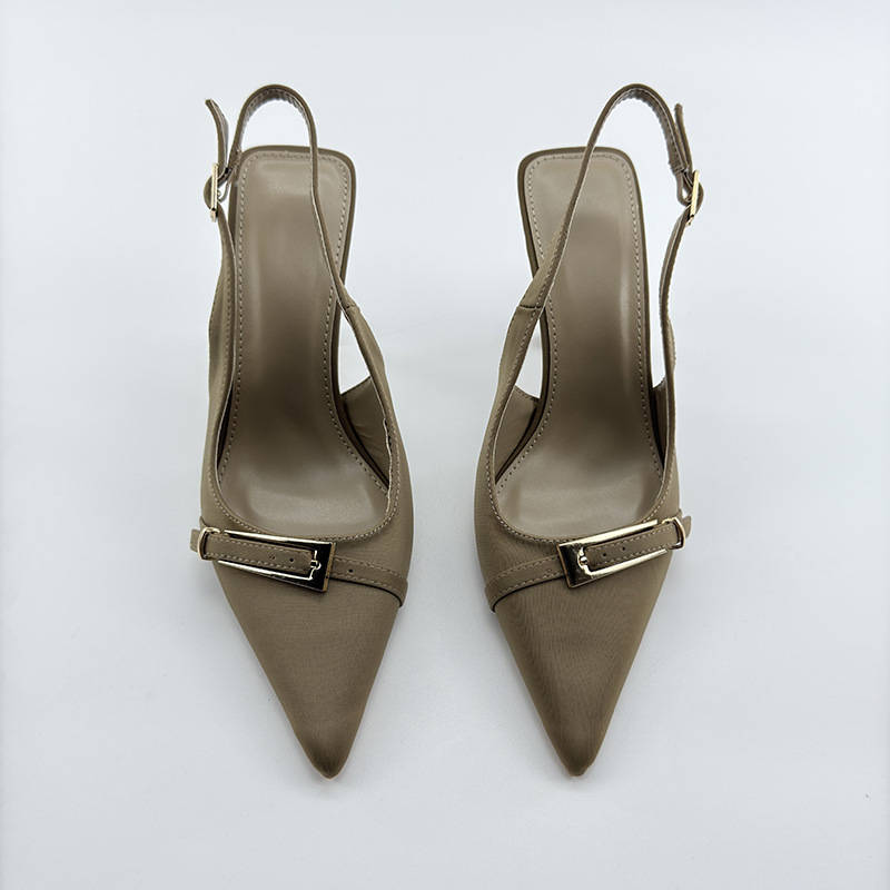 Френски стил дамски обувки без гръб с заострен нос, тънки токчета 6-8 cm, закопчаване с катарама