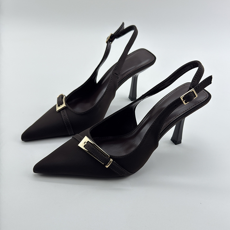 Френски стил дамски обувки без гръб с заострен нос, тънки токчета 6-8 cm, закопчаване с катарама