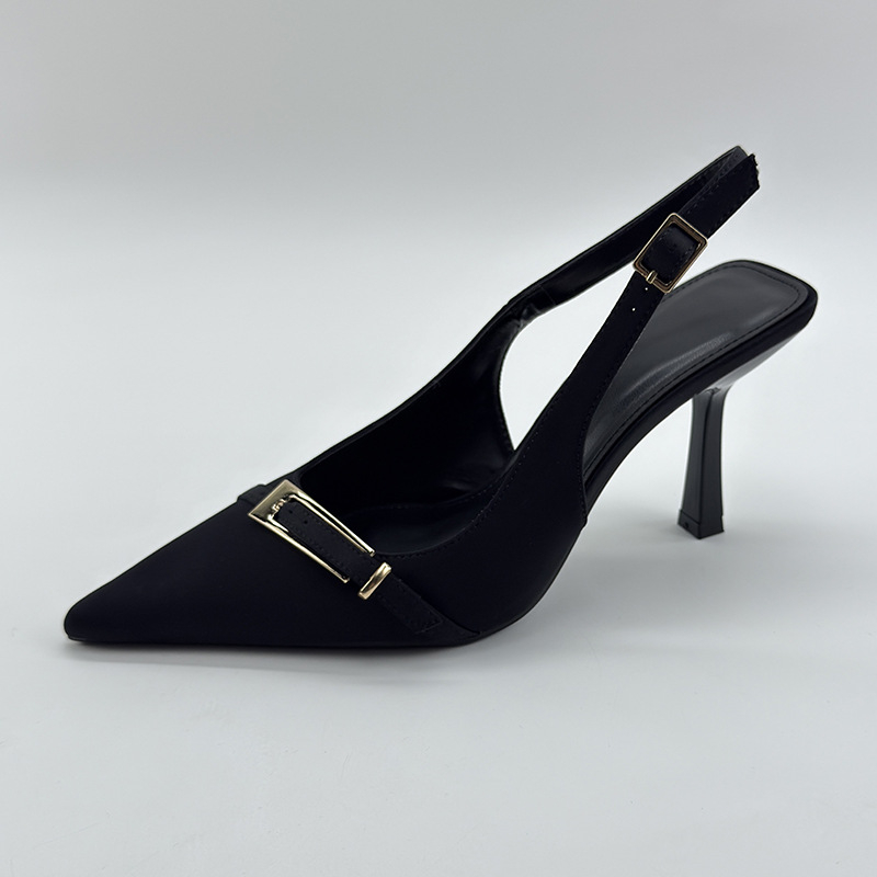 Френски стил дамски обувки без гръб с заострен нос, тънки токчета 6-8 cm, закопчаване с катарама
