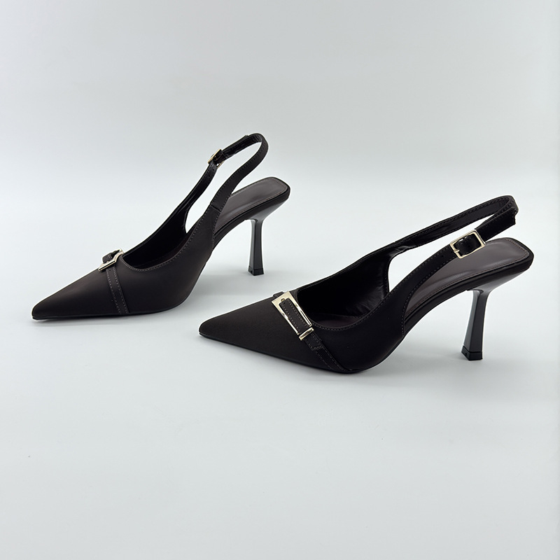 Френски стил дамски обувки без гръб с заострен нос, тънки токчета 6-8 cm, закопчаване с катарама