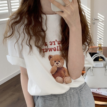 Ženski pamukasti T-shirt kratkih rukava s printom sladkog medvjedića, ležerni kroj, okrugli izrez