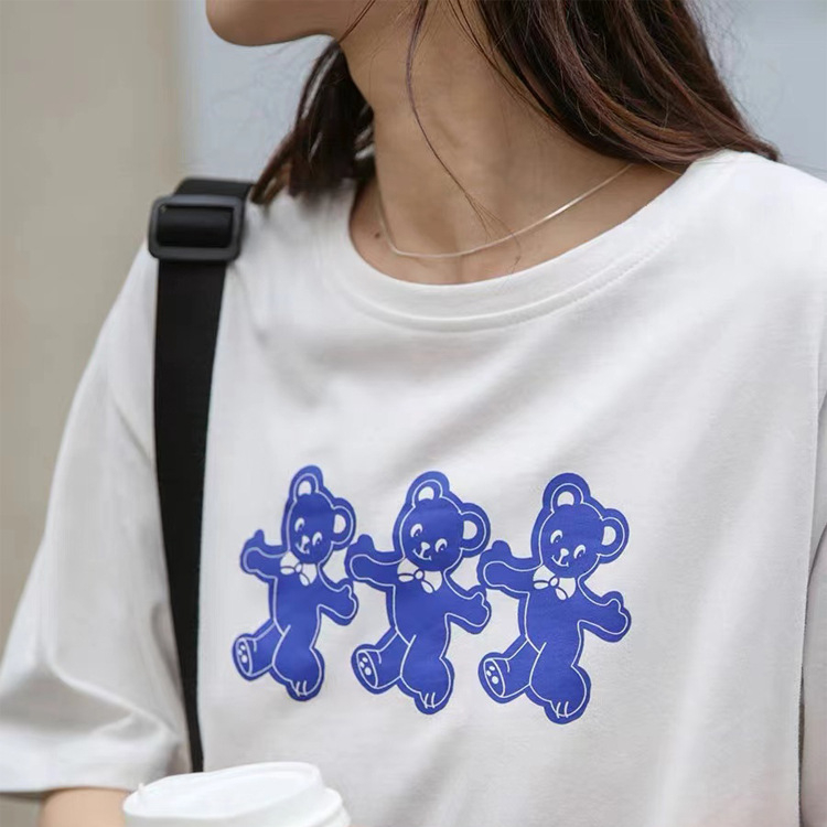 Ženski pamukasti T-shirt kratkih rukava s printom sladkog medvjedića, ležerni kroj, okrugli izrez