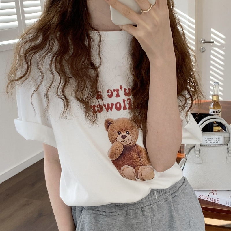 Ženski pamukasti T-shirt kratkih rukava s printom sladkog medvjedića, ležerni kroj, okrugli izrez