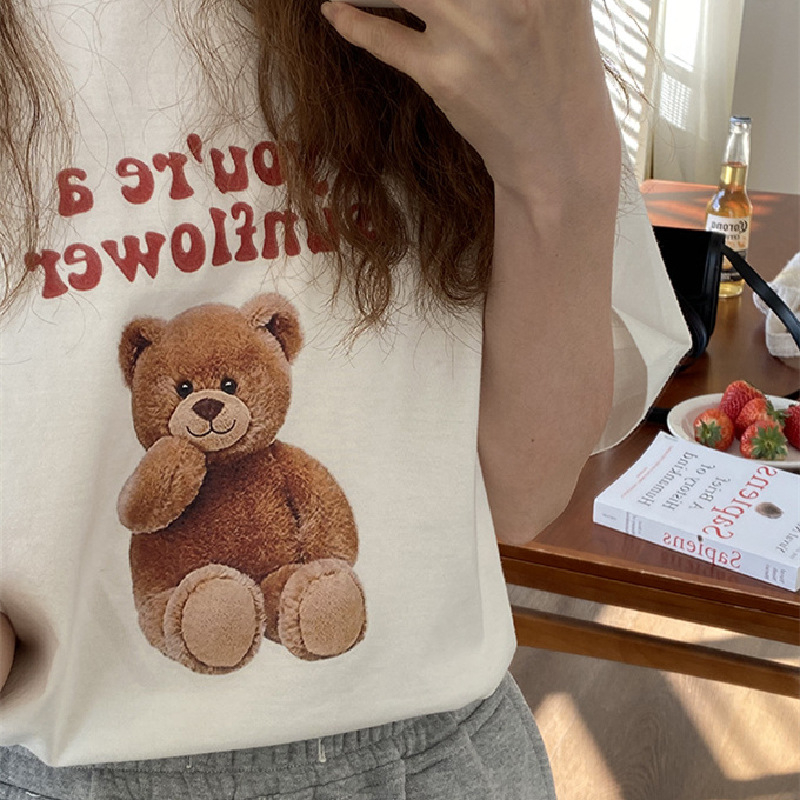 Ženski pamukasti T-shirt kratkih rukava s printom sladkog medvjedića, ležerni kroj, okrugli izrez