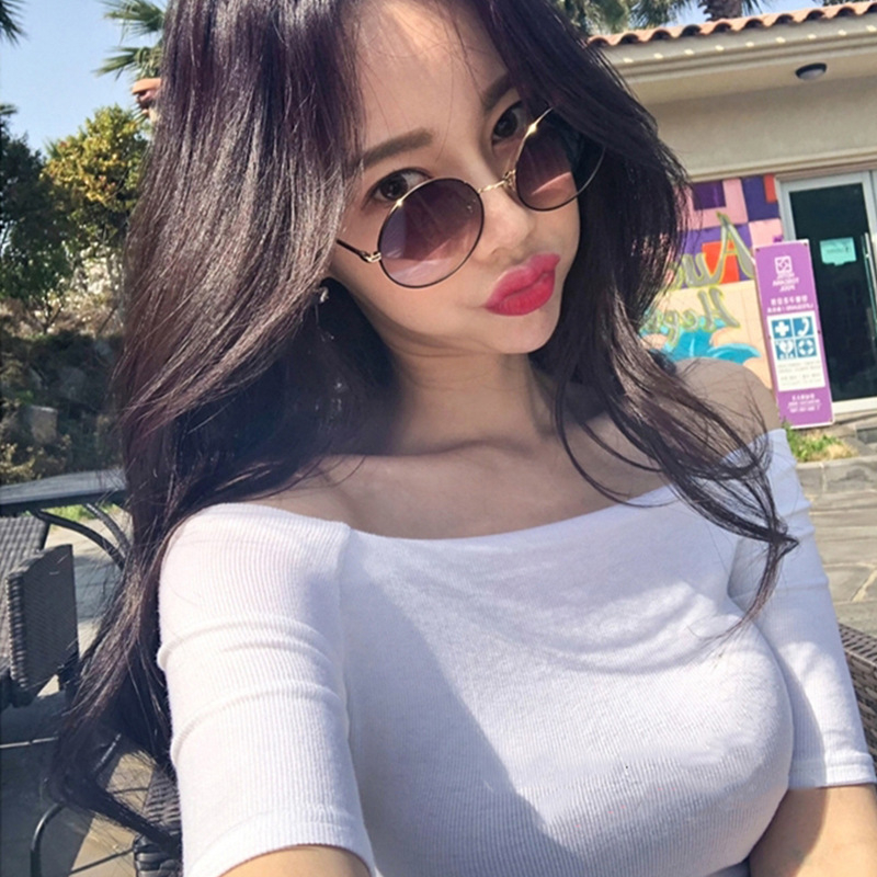Ženski pamuk T-shirt s izrezom na ramena, uski kroj, jednobojan, kratki rukav