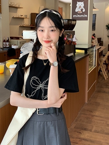 Majica kratkih rukava s otiskom mašne, korejski stil, elegantan i ležeran top za žene