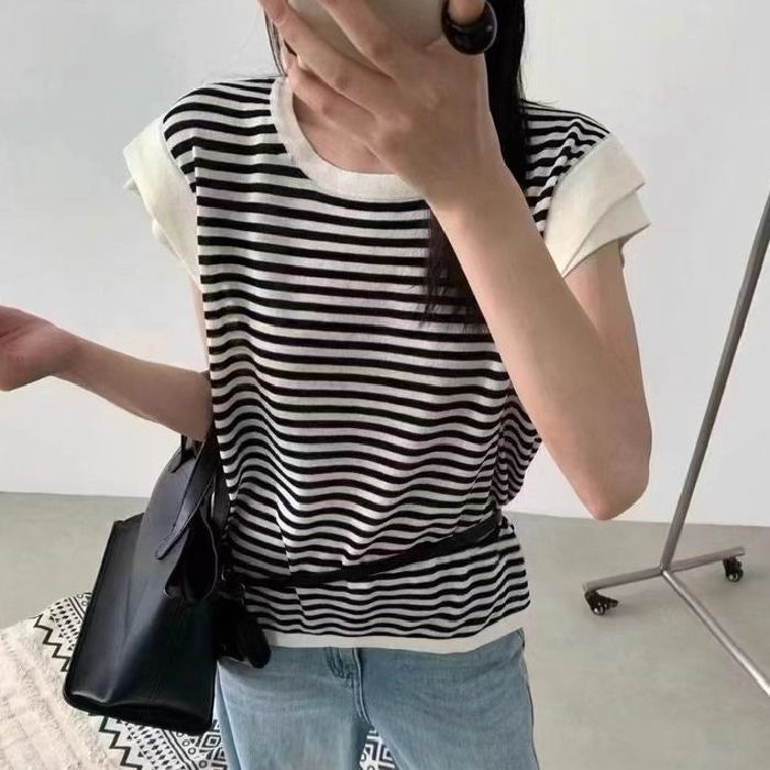 Xinyu prugasta majica kratkih rukava, korejskog stila, uski kroj, butik top