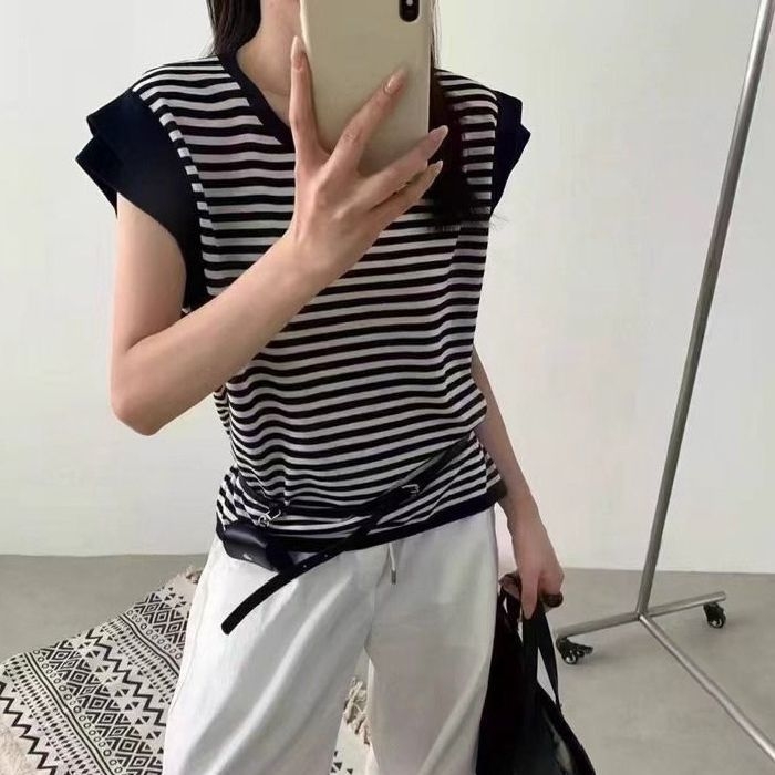 Xinyu prugasta majica kratkih rukava, korejskog stila, uski kroj, butik top