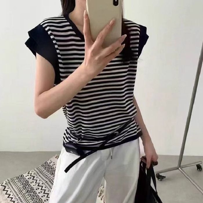 Xinyu prugasta majica kratkih rukava, korejskog stila, uski kroj, butik top