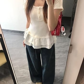 Ženski T‑shirt kratkih rukava s patchworkom, francuski stil, ljeto 2025, uski kroj, okrugli izrez, detalji sa šnuralama