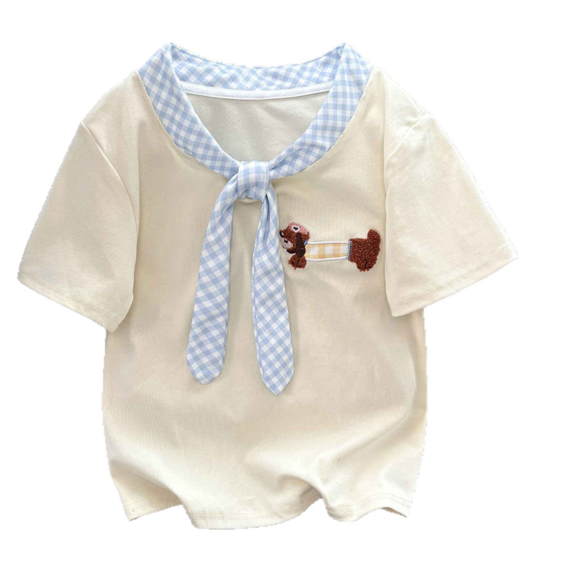 Akademski stil s izvezenim psom na kariranom uzorku, mašna oko vrata, kratki rukavi, ženski ljetni T-shirt, uski kroj