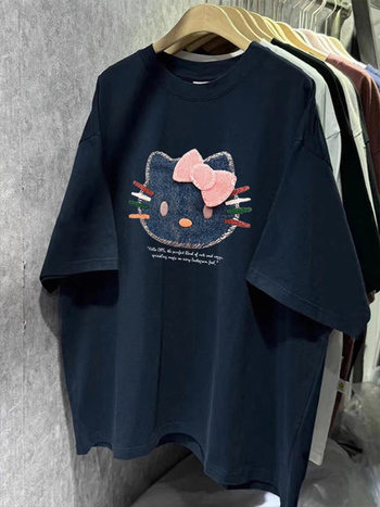 Ženski pamukasti T-shirt kratkih rukava s printom mačke iz crtanog filma, opušten kroj, okrugli izrez, ljeto