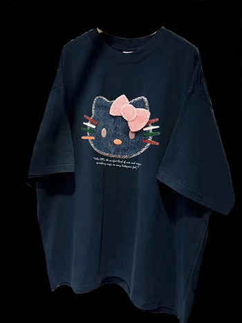 Ženski pamukasti T-shirt kratkih rukava s printom mačke iz crtanog filma, opušten kroj, okrugli izrez, ljeto
