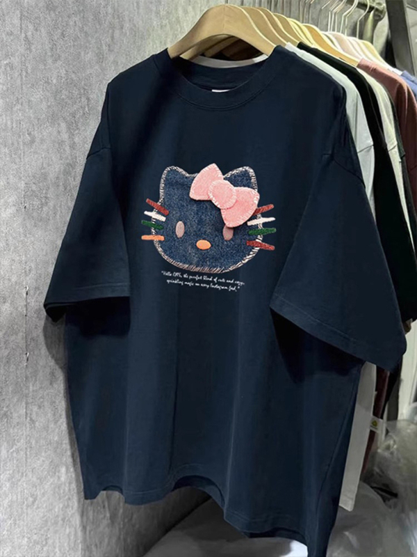 Ženski pamukasti T-shirt kratkih rukava s printom mačke iz crtanog filma, opušten kroj, okrugli izrez, ljeto
