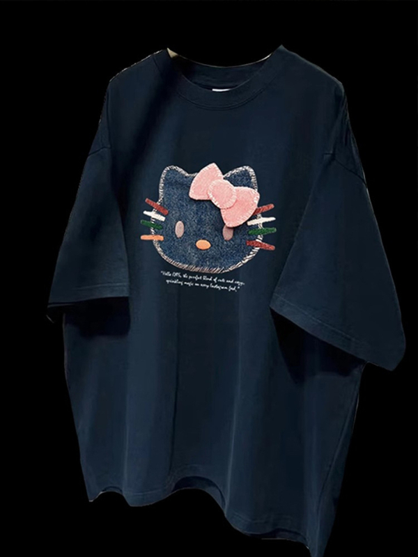 Ženski pamukasti T-shirt kratkih rukava s printom mačke iz crtanog filma, opušten kroj, okrugli izrez, ljeto