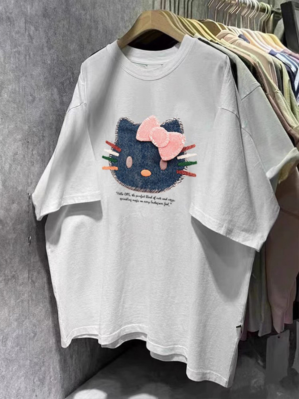 Ženski pamukasti T-shirt kratkih rukava s printom mačke iz crtanog filma, opušten kroj, okrugli izrez, ljeto